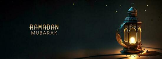 Ramadan Mubarak Banner Design With Golden Glitter Text, 3D Render of Illuminated Arabic Lamp. photo