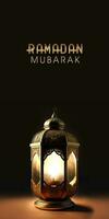 Ramadan Mubarak Vertical Banner Design With Realistic Illuminated Arabic Lantern On Black And Brown Background. 3D Render. photo