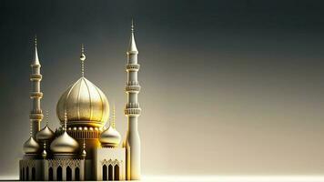 3D Illustration Of Golden Exquisite Mosque On Glowing Background. Islamic Religious Concept. photo