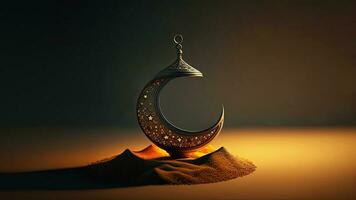 3D Render of Crescent Moon Decorated With Glowing Stars On Dune. Islamic Religious Concept. photo