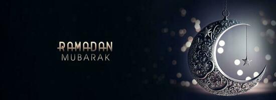 Ramadán Mubarak bandera diseño, 3d hacer de Exquisito creciente Luna con colgando estrella en bokeh antecedentes. foto