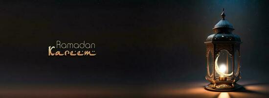Ramadan Kareem Banner Design With 3D Render of Illuminated Arabic Lamp On Dark Background. photo