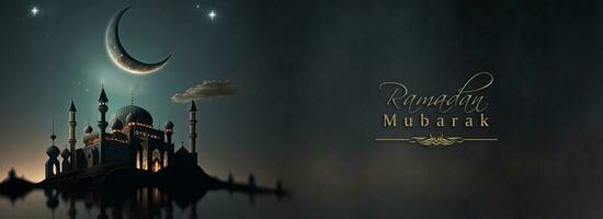 Ramadan Mubarak Banner Design With View of Mosque In Crescent Moon Night, Mosque Reflection In The Water. 3D Render. photo