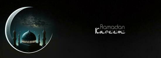 Ramadan Kareem Banner Design, Exquisite Crescent Moon With Carved Mosque On Night Background. 3D Render. photo