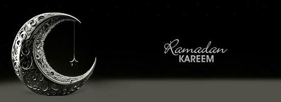 Ramadan Kareem Banner Design With Silver Glittery Text, 3D Render of Exquisite Crescent Moon And Hanging Star On Black Background. photo