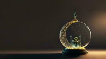 Glittery Crescent Moon With Mosque Inside Glass Round Shape Hang. 3D Render, Islamic Festival Concept. photo