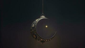 3D Render of Exquisite Shiny Crescent Moon On Bokeh Background. Islamic Religious Concept. photo