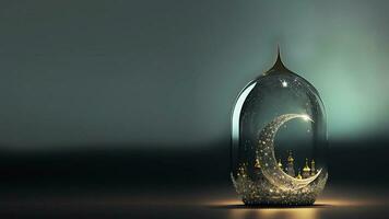 Beautiful Crescent Moon With Lighting Inside Glass Lantern On Dark Background. Islamic Festival Concept. 3D Render. photo