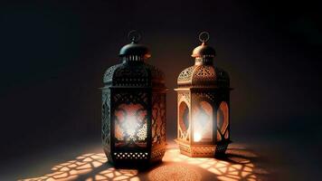 Realistic Illuminated Arabic Lantern On Background. Islamic Religious Concept. 3D Render. photo