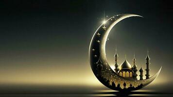 3D Render of Exquisite Crescent Moon With Shiny Mosque And Copy Space. Islamic Religious Concept. photo