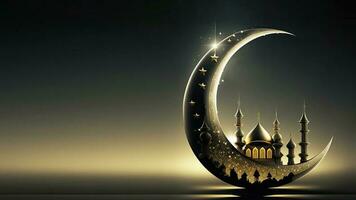 3D Render of Exquisite Crescent Moon With Shiny Mosque And Copy Space. Islamic Religious Concept. photo