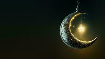 3D Render of Hanging Exquisite Shiny Carved Moon With Star On Dark Background. Islamic Religious Concept. photo