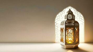 Realistic Illuminated Arabic Lantern On Islamic Window Background. Islamic Religious Concept. 3D Render. photo