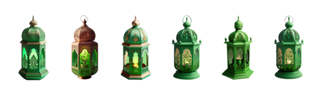 3D Render Of Realistic Arabic Lantern Icon Set In Green Color. png