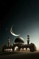 3D Render of Exquisite Mosque With Crescent Moon In Night. Islamic Religious Concept. photo