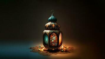 Realistic Illuminated Arabic Lantern On Islamic Pattern. Islamic Religious Concept. 3D Render. photo