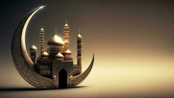 3D Render of Equisite Crescent Moon With Glowing Mosque And Copy Space. Islamic Religious Concept. photo