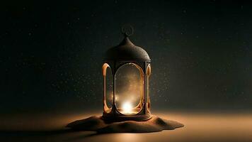 3D Render of Illuminated Arabic Lantern On Sand Dune And Space For Text. Islamic Religious Concept. photo