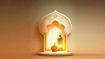 3D Render Of Paper Cut Mosque Window With Illuminated Arabic Lamp And Copy Space. Islamic Religious Concept. photo