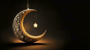 3D Render of Beautiful Carved Moon With Hanging Shiny Star On Dark Background. Islamic Religious Concept. photo