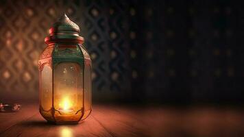 3D Render of Illuminated Arabic Lantern On Wooden Texture And Islamic Pattern Background. Islamic Religious Concept. photo