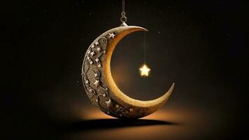 3D Render of Beautiful Carved Moon With Hanging Shiny Star On Dark Background. Islamic Religious Concept. photo