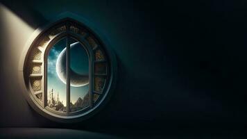 3D Render, Islamic Style Window With Crecent Moon On Dark Background. Islamic Religious Concept. photo