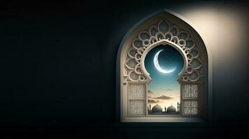 3D Render Of Mosque Window Arch With Realistic Crescent Moon. Islamic Religious Concept. photo