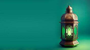 Realistic Arabic Lantern On Green Background. 3D Render. photo