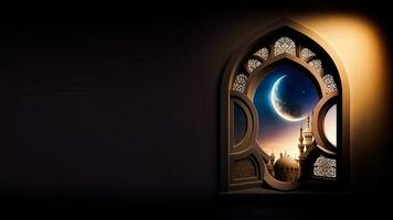 3D Render Of Beautiful Mosque With Realistic Crescent Moon Inside Mosaic Window On Night Background. Islamic Religious Concept. photo