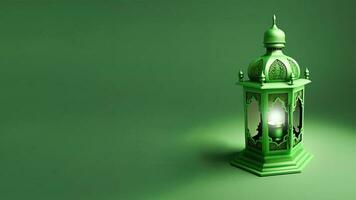 Realistic Illuminated Arabic Lantern On Green Background. 3D Render. photo