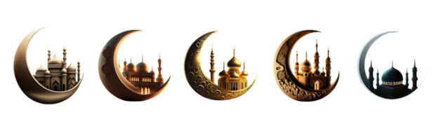 3D Render Of Crescent Moon With Beautiful Mosque Icon Set. png