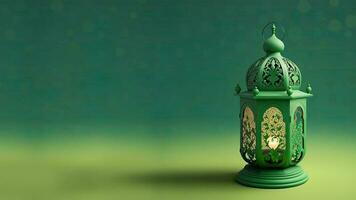 Realistic Illuminated Arabic Lantern On Green Background. 3D Render. photo