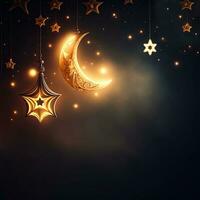 3D Render of Lighting Golden Crescent Moon And Hanging Stars On Dark Background. Islamic Religious Concept. photo