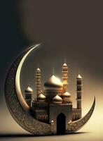 3D Render of Equisite Crescent Moon With Glowing Mosque And Copy Space. Islamic Religious Concept. photo