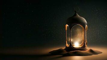 3D Render of Illuminated Arabic Lantern On Sand Dune And Space For Text. Islamic Religious Concept. photo