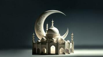 3D Render of Exquisite Mosque And Crescent Moon On Dark Background. Islamic Religious Concept. photo