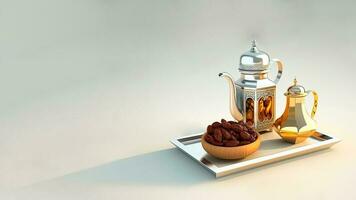 3d hacer de Arábica té o café ollas y fechas cuenco en bandeja. islámico religioso concepto foto