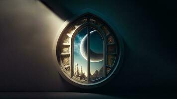 3D Render, Islamic Style Window With Crecent Moon On Dark Background. Islamic Religious Concept. photo