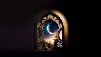 3D Render Of Beautiful Mosque With Realistic Crescent Moon Inside Mosaic Window On Night Background. Islamic Religious Concept. photo