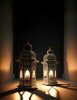 Realistic Illuminated Arabic Lanterns On Shiny Background. Islamic Religious Concept. 3D Render. photo