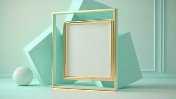 3D Composition Side View of Golden Photo Frame Mockup With Image Placeholder And Geometric Elements.