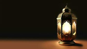 Realistic Illuminated Arabic Lantern On Dark Background. Islamic Religious Concept. 3D Render. photo