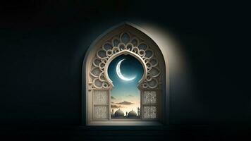 3d hacer de mezquita ventana arco con realista creciente Luna. islámico religioso concepto. foto