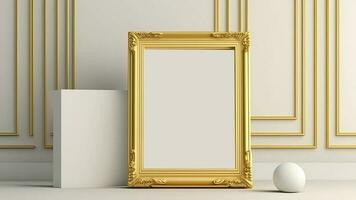 3d hacer de blanco dorado Clásico marco con imagen marcador de posición en clásico interior pared Bosquejo. foto