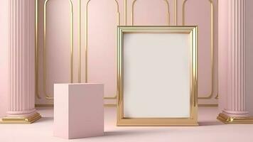Realistic Golden Photo Frame With Image Placeholder, Large Box Against Classic Interior Wall Panels Mockup. 3D Rendering.