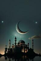 View of Mosque In Crescent Moon Night, Mosque Reflection In The Water. Islamic Religious Concept. 3D Render. photo