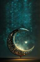 3D Render of Shiny Crescent Moon Decorated With Stars On Grunge Night Background. Islamic Religious Concept. photo