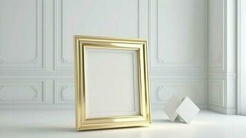3d hacer de dorado vacío foto marco burlarse de arriba en blanco clásico interior pared antecedentes.