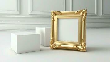 3d hacer de dorado Clásico cuadrado marco con imagen marcador de posición, cajas en piso y interior pared paneles Bosquejo. foto